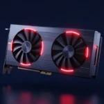 AMD系を思わせる赤色のRGBアクセントが入った最新世代グラフィックカードを、ドラマチックな照明でフロート風に配置した写実的なプロダクトイメージ