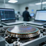 先端半導体製造施設のシリコンウエハーのクローズアップ。クリーンルームの照明とノートPC・タブレットのシルエットをぼかした背景に配置