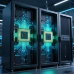 GPUとCPUのチップが並んで輝く未来的なデータセンターのサーバーラック。青緑を基調としたハイテクな照明の広角ショット