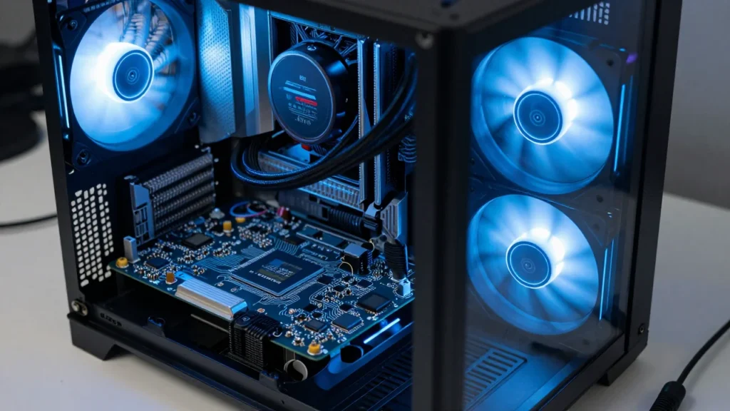 剥き出しの基板とヒートシンクを載せた自作ミニPC。後付けの冷却ファンが取り付けられ、デスク上でオープンケースのまま稼働している様子。青みがかった環境光とチップ表面のマクロ描写