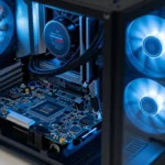 剥き出しの基板とヒートシンクを載せた自作ミニPC。後付けの冷却ファンが取り付けられ、デスク上でオープンケースのまま稼働している様子。青みがかった環境光とチップ表面のマクロ描写