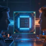 データセンター向けCPUチップが対峙する様子を、青とオレンジの対照的な光で表現したコンセプトイラスト