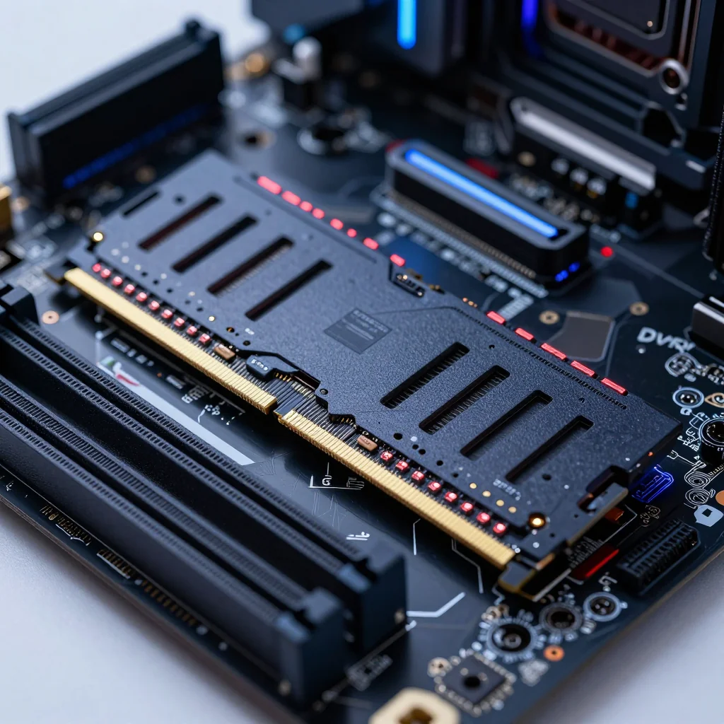 DDR5メモリモジュールを装着したゲーミングPCマザーボードのクローズアップ写真。青と赤のRGBライティングが効いた、クリーンな自作PCの雰囲気