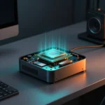 APUチップのレンダリング画像を重ねた、コンパクトなミニPCワークステーションの製品写真風イメージ。ティールとオレンジのアクセント照明、モダンな机上セット