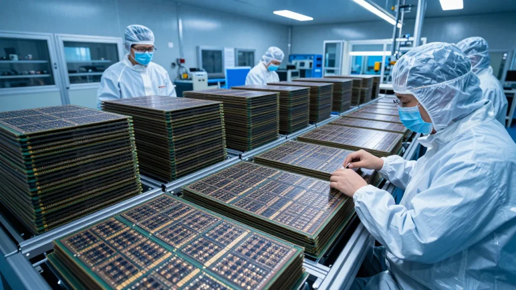 中国の半導体工場でDRAMウエハーの生産・検査が行われている様子。出荷待ちのメモリモジュールが積まれている構図。