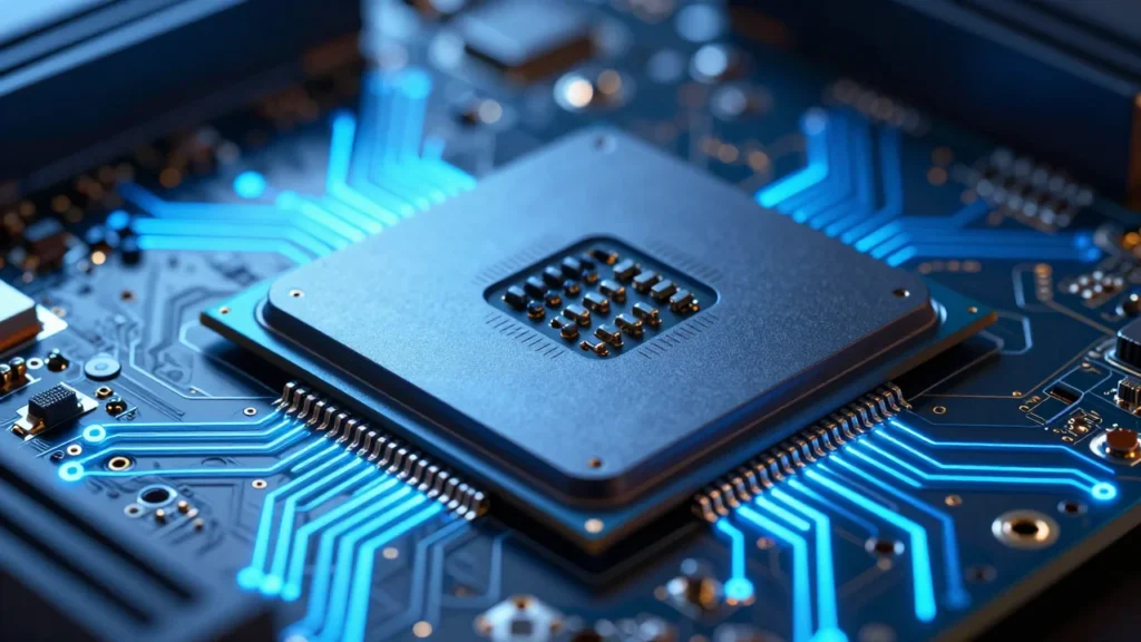 ノートPC向けプロセッサチップを基板上でマクロ撮影した製品写真イメージ。回路の輝きを強調した近未来的な質感
