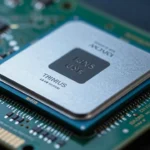 GPUダイのクローズアップ写真イメージ。基板上に載ったシリコンチップをマクロ撮影した製品写真風の構図