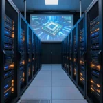 データセンターのサーバーラックが並ぶ通路と、背景のステージスクリーンにCPUチップが映し出される基調講演風の光景