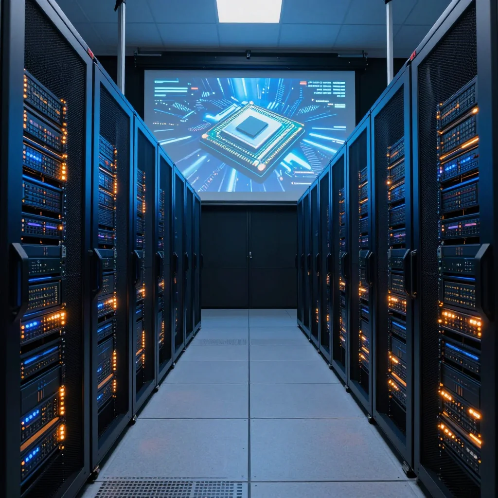 データセンターのサーバーラックが並ぶ通路と、背景のステージスクリーンにCPUチップが映し出される基調講演風の光景