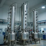 高純度化学薬品の製造プラント内観。ステンレス製の精密蒸留設備とガスボンベが並ぶクリーンな工業空間