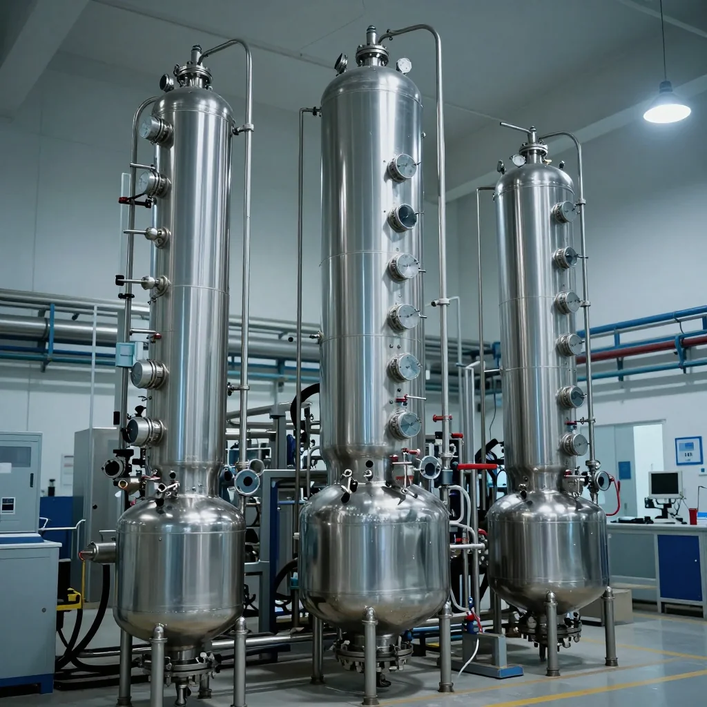 高純度化学薬品の製造プラント内観。ステンレス製の精密蒸留設備とガスボンベが並ぶクリーンな工業空間