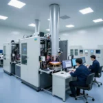 先端半導体製造装置工場のクリーンルーム内観。最新のウエハ処理装置とエンジニアが管理パネルを確認する様子