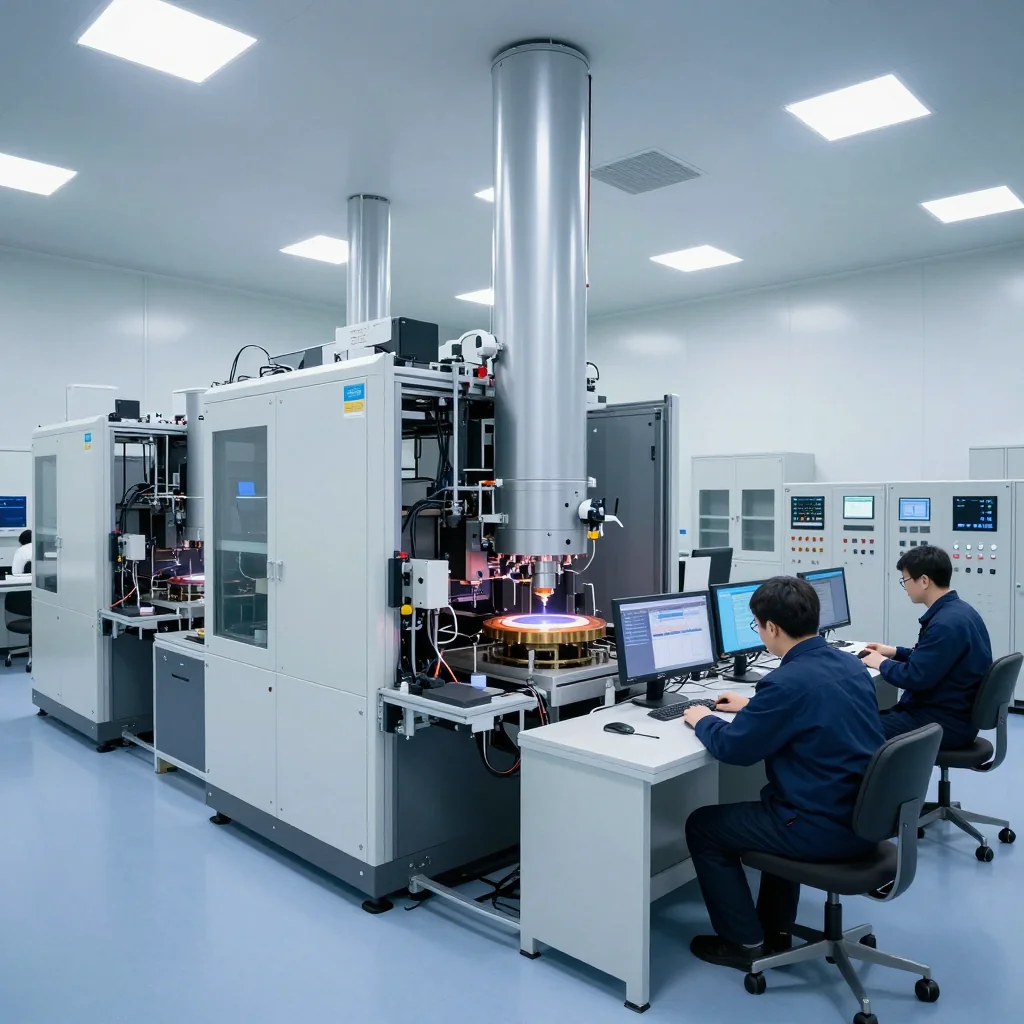 先端半導体製造装置工場のクリーンルーム内観。最新のウエハ処理装置とエンジニアが管理パネルを確認する様子