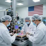 米国内の先端半導体製造工場のクリーンルーム。エンジニアがシリコンウエハーを検査する様子、背景にさりげない星条旗