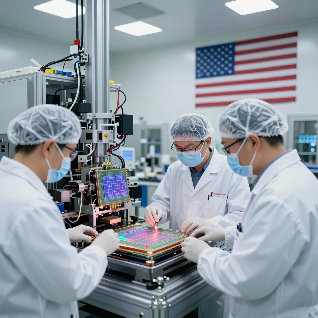 米国内の先端半導体製造工場のクリーンルーム。エンジニアがシリコンウエハーを検査する様子、背景にさりげない星条旗