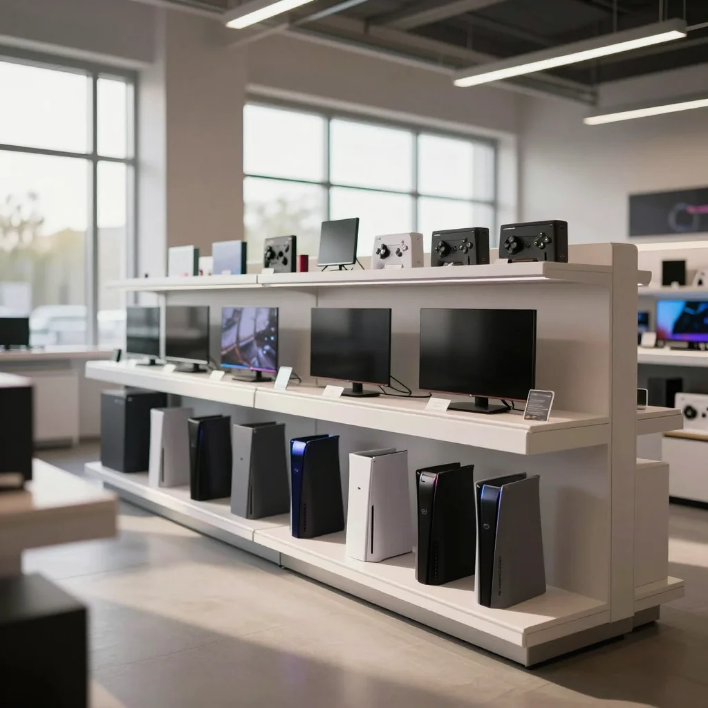 欧州の家電量販店の陳列棚。かつて商品が並んでいた場所が空いている様子を捉えた、編集記事向けの落ち着いたトーンの写真イメージ