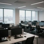 人のいなくなった現代的なゲームスタジオのオフィス。電源の落ちたモニターが並ぶ、落ち着いた色調の編集記事向け写真イメージ