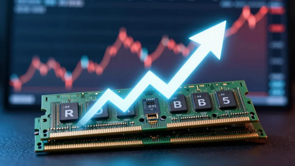 積み上がるDDR5メモリモジュールと上昇する価格チャートを組み合わせたイメージ。青と赤の光で価格高騰を演出