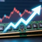 積み上がるDDR5メモリモジュールと上昇する価格チャートを組み合わせたイメージ。青と赤の光で価格高騰を演出