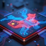 米中の協調と競合を象徴する、青と赤の光が絡み合う半導体プロセッサダイの抽象的なイメージ。未来的な回路パターンとネットワーク接続線を描いたヘッダー用画像