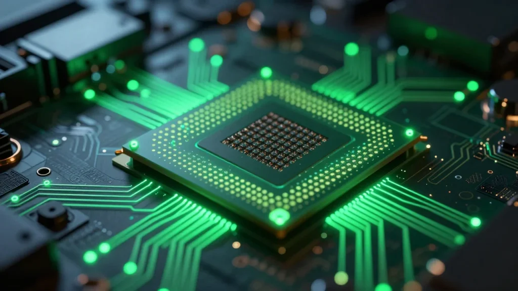 NVIDIAの次世代データセンター向けCPUをイメージした、緑色に光る近未来的なチップのクローズアップ。ハイパフォーマンスコンピューティングの雰囲気を演出したヘッダー用画像