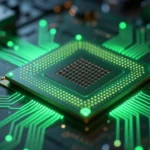 NVIDIAの次世代データセンター向けCPUをイメージした、緑色に光る近未来的なチップのクローズアップ。ハイパフォーマンスコンピューティングの雰囲気を演出したヘッダー用画像