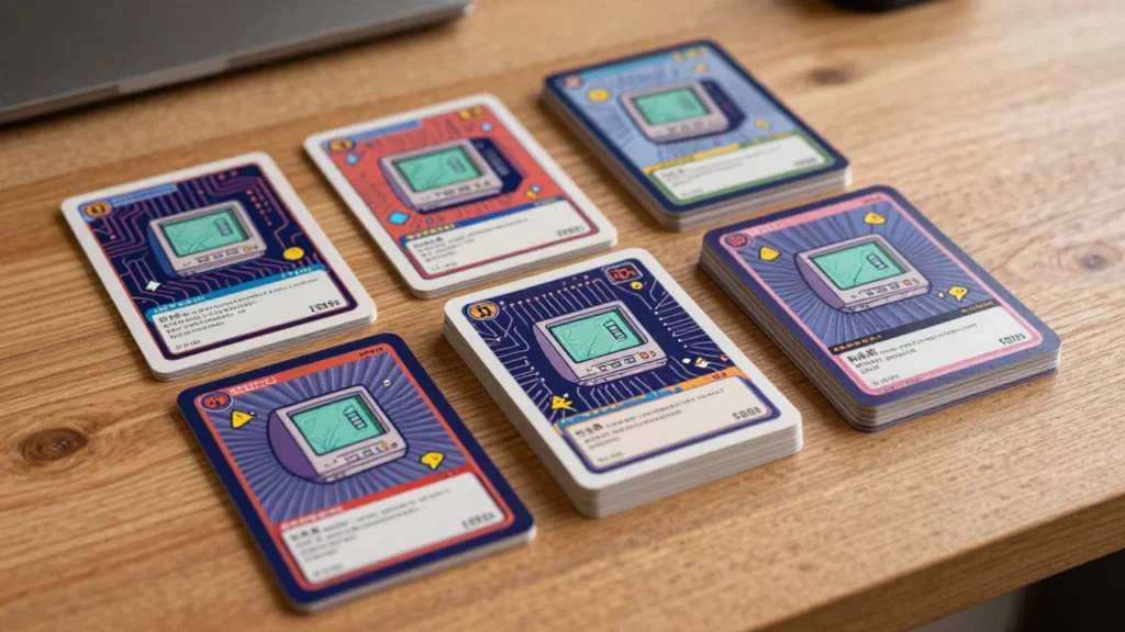 懐かしいコンピューターグラフィックスをテーマにしたコレクター向けトレーディングカードのイメージ。レトロな基板モチーフのカードがデスクに積まれている様子