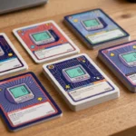 懐かしいコンピューターグラフィックスをテーマにしたコレクター向けトレーディングカードのイメージ。レトロな基板モチーフのカードがデスクに積まれている様子