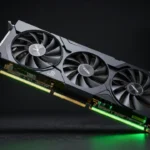 ダークスタジオ背景に浮かぶハイエンドグラフィックカード。緑色のRGBアクセント照明とPCB基板上のメモリチップ群を強調した、製品訴求向けの演出的な製品写真