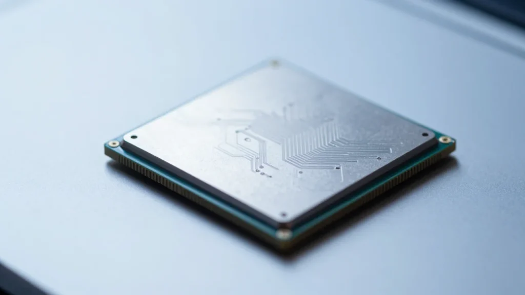 ノートPCのマザーボード上に置かれた小型AIアクセラレータチップのマクロ撮影風カット。銀色のヒートスプレッダーと基板の回路パターンを強調した、落ち着いた青系照明の製品写真