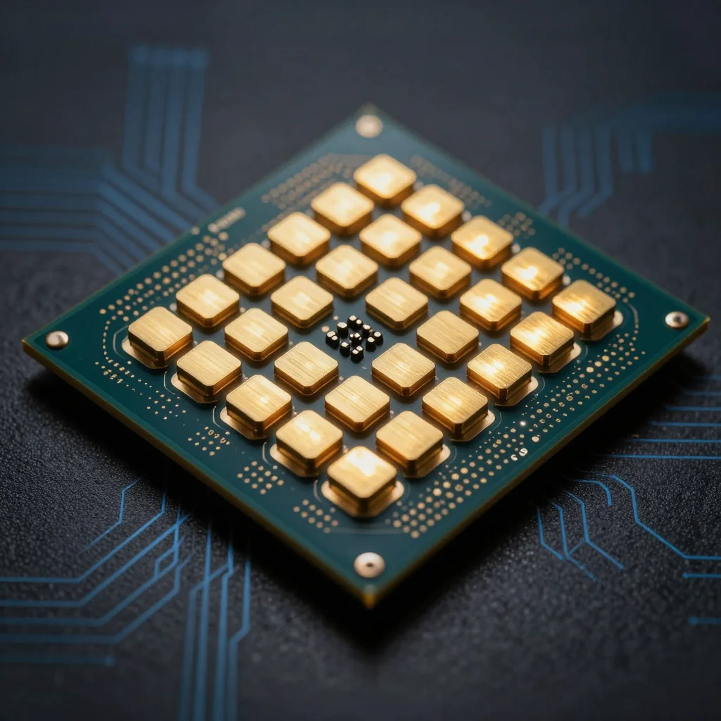 次世代CPUダイのクローズアップ。大容量キャッシュ領域を黄金色の発光ブロックとして強調した演出