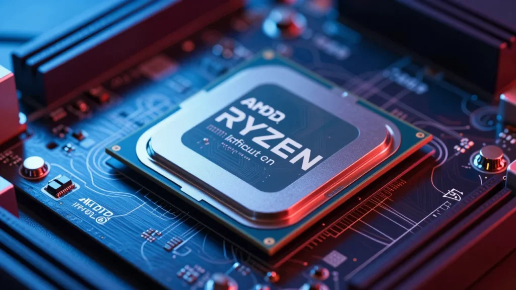マザーボードのソケットに載ったAMD Ryzen CPUのクローズアップ。次世代感を演出する青と赤のアクセント照明