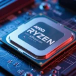 マザーボードのソケットに載ったAMD Ryzen CPUのクローズアップ。次世代感を演出する青と赤のアクセント照明