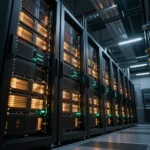 未来的なAIデータセンターのラック通路。液冷サーバーラックがアンバーとティールのアクセント照明で輝く、低いアングルからのドラマチックな構図