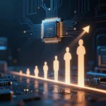 上昇していく発光チップのシルエットをタイムライン状に並べた、半導体ロードマップの抽象コンセプトアート。暗いスタジオ照明に青とオレンジのグラデーションが映える構図