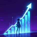 上昇する光のグラフから浮かび上がるアニメ調キャラクターのシルエットを描いたコンセプトアート。生成AIモデルの急速な普及を象徴するイメージ