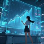 未来的なデータ観測室、巨大なホログラフィックディスプレイの前に立つアニメ調の女性アナリスト