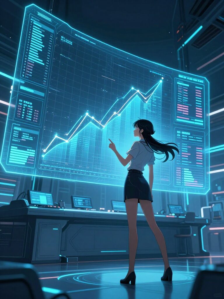 未来的なデータ観測室、巨大なホログラフィックディスプレイの前に立つアニメ調の女性アナリスト
