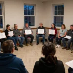 住民説明会に集まる人々の報道写真風イメージ。実在の人物・団体・施設の再現ではなく汎用的なコンセプトイメージのため、AI生成注意書きは不要と判断
