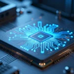 Geminiのニューラルネットワーク構造をイメージした発光回路パターンを持つ次世代AIチップのコンセプト画像