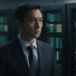 薄暗いオフィスで物思いにふける経営者風の男性。背景にはぼやけたデータセンターのサーバー群。過去を振り返るような静かなトーン