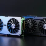 最新世代と旧世代の2枚のグラフィックスカードを並べたスタジオ撮影風の製品写真。新旧ハードウェアの対比を強調した演出