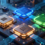 高性能コア・効率コア・低消費電力コアの3種が異なる色で光るCPUアーキテクチャのコンセプトビジュアル。シリコンウェーハ上の回路を俯瞰した構図