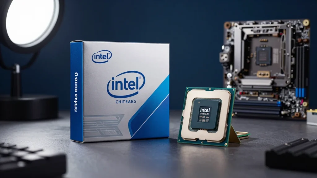 ワークベンチに置かれたIntelのデスクトップCPU箱とプロセッサ本体。背景にマザーボードのソケットが見える構図