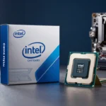 ワークベンチに置かれたIntelのデスクトップCPU箱とプロセッサ本体。背景にマザーボードのソケットが見える構図
