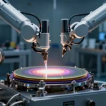 先端半導体ウェハーの製造ラインを写したフォトリアルな写真。クリーンルーム内で処理光に照らされるシリコンウェハーと精密ロボットアーム