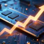 グラフィックボードの基板と値上がりを示す矢印を組み合わせた抽象的なコンセプトアート。ロゴ・実在製品の再現なし