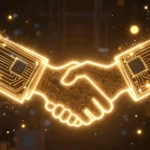 NVIDIAとSK陣営の提携を象徴する握手のシルエットと基板パターンを組み合わせた抽象アート。実在人物の写実的描写なし