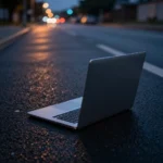 薄暮の路上のアスファルトに置かれた、ブランドロゴのない銀色アルミ筐体のノートPC。画面からかすかな青い光が漏れる、ミステリアスな雰囲気の演出（架空のシーン・実在製品の写実的再現ではないため