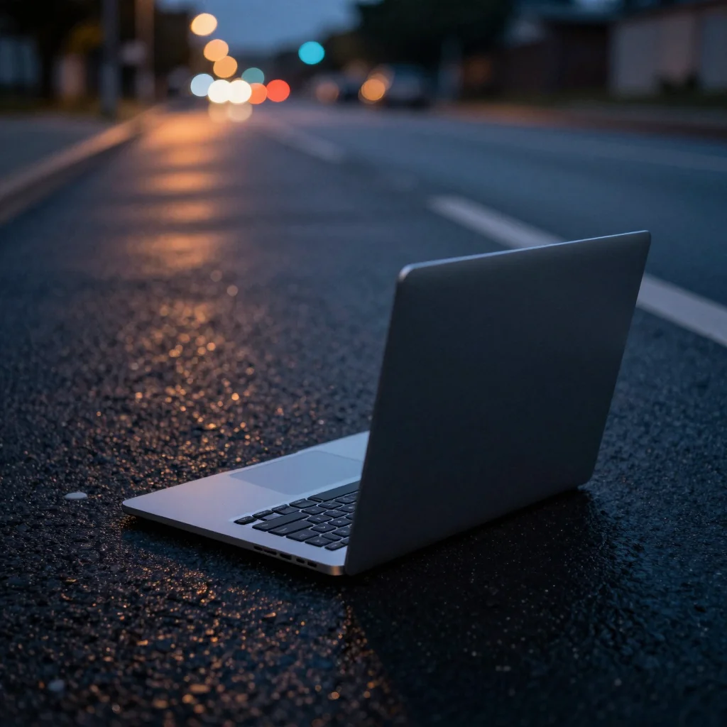 薄暮の路上のアスファルトに置かれた、ブランドロゴのない銀色アルミ筐体のノートPC。画面からかすかな青い光が漏れる、ミステリアスな雰囲気の演出（架空のシーン・実在製品の写実的再現ではないため